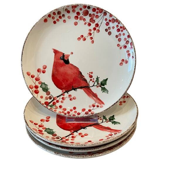 Potter’s Studio Red Cardinal Holly Berries CHRISTMAS Salad Plate Set of 2 NEW - Picture 10 of 13